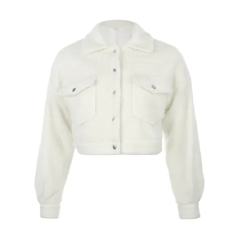 Warm Plush Solid Color Coat Fleece White Turn-Down Collar Buttons Single-Breasted Jacket With Pockets Autumn And Winter