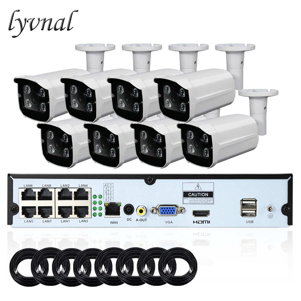 LYVNAL H.265/264 video 1080p 5mp 8CH POE NVR kit 8ch hd 720p ip camera POE 48V Outdoor Security Surveillance POE camera 8ch kit