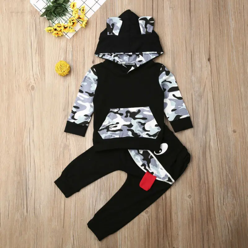 Baby Spring Autumn Clothing Newborn Infant Baby Boy Animal Clothes Bear Ears Hooded Long Sleeve Top T-shirt Pants Outfit