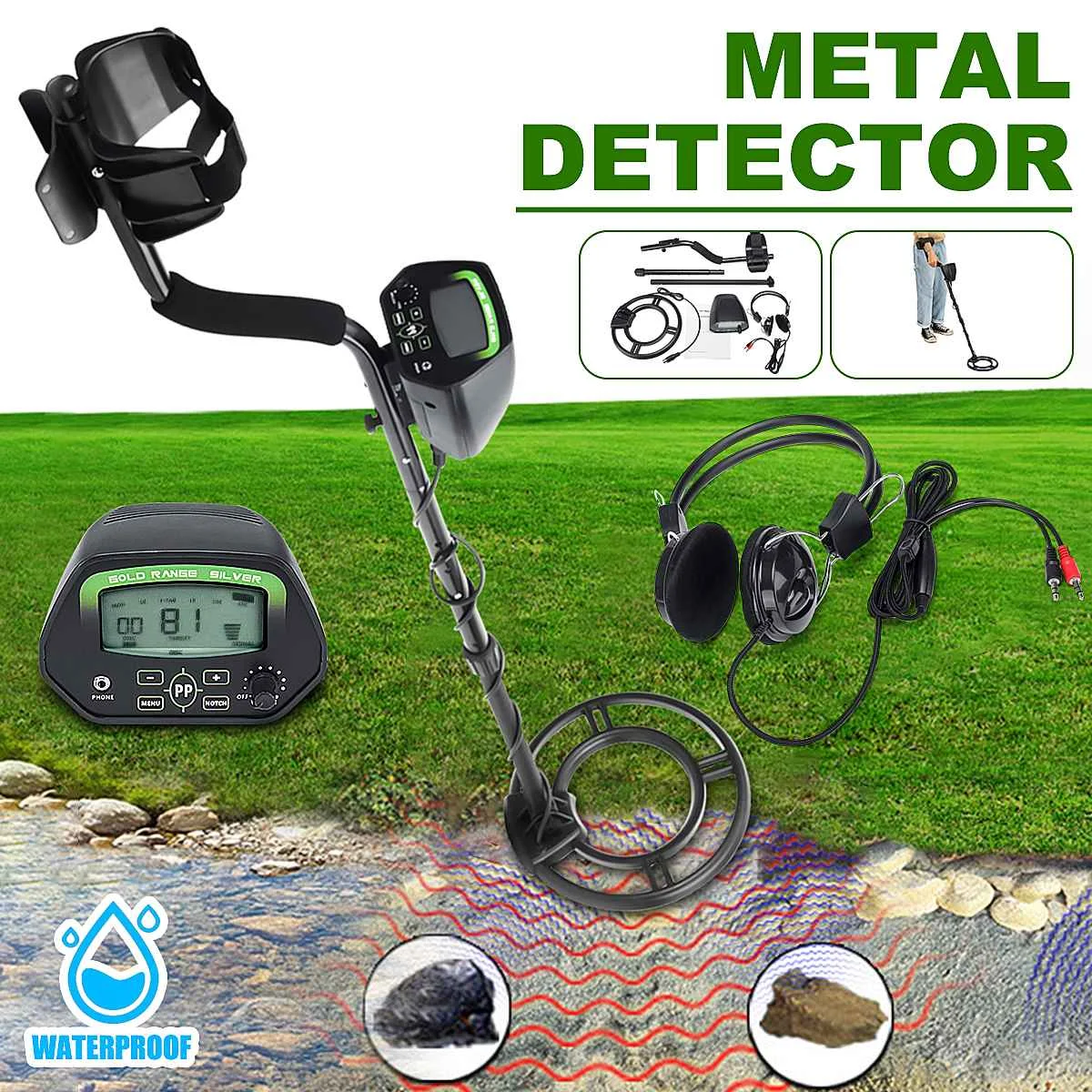 

Metal Detector Underground Gold Detector 105-120cm Adjustable Portable Waterproof Treasure Hunter Detector With Headphone