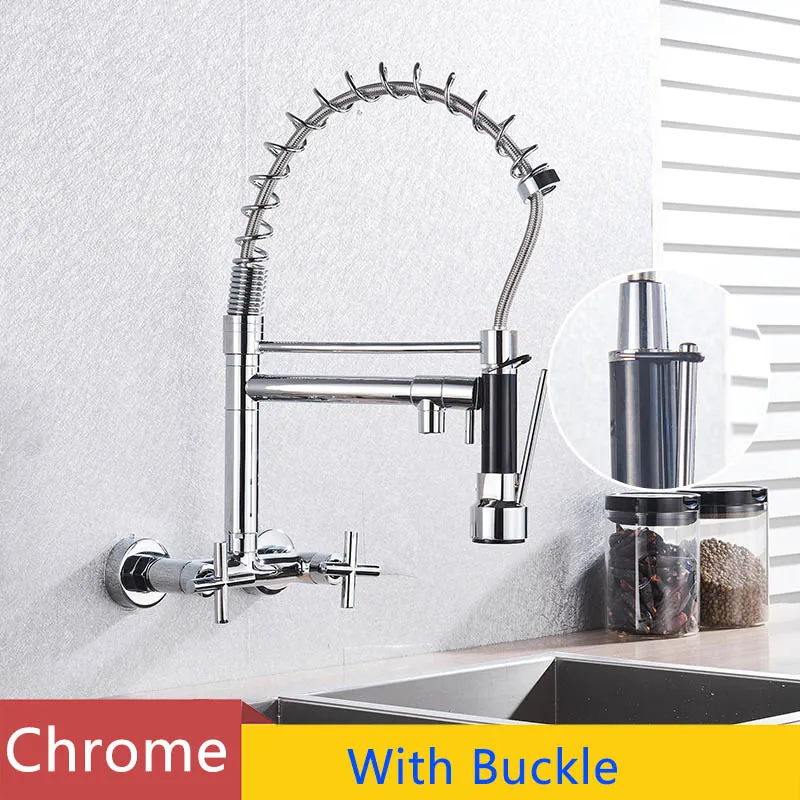 Chrome Spring Kitchen Faucet 360 Rotation Pull Down Hand Sprayer with Buckle Kitchen Taps Wall Mounted Cold Hot Water Mixer Taps - Цвет: Chrome buckle