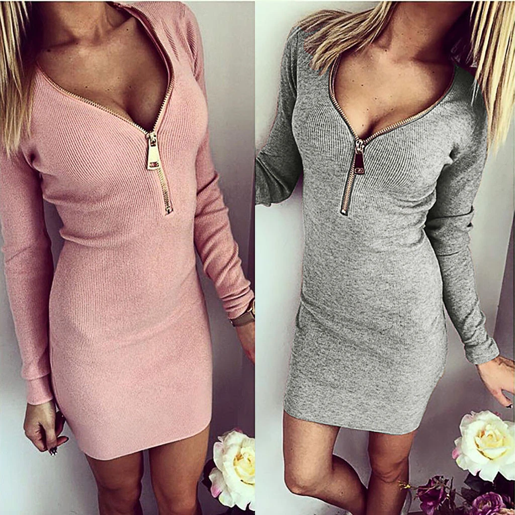 Above Knee Dress Fashion Women AutumnSexy Solid V-Neck Dresses Long Zipper Long Sleeve Tight Winter Mini Dress Girl Ladies 729