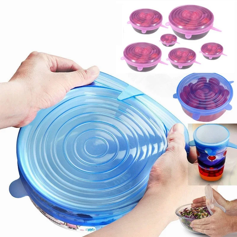6 Pcs Silicone Stretch Lids Reusable Airtight Food Wrap Covers Keeping Fresh Seal Bowl Stretchy Cover Kitchen Cookware | Дом и сад