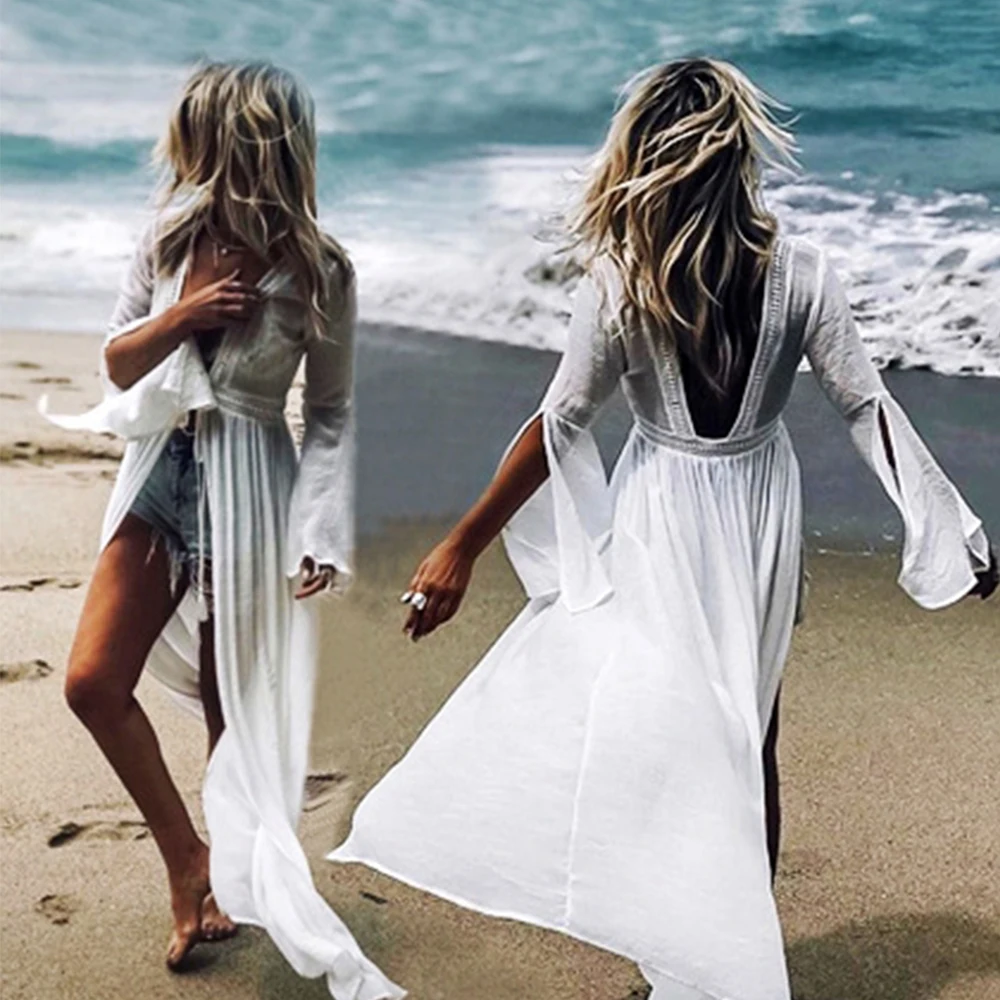 Backless White Beach Cover Ups Summer Women Cotton Wrap Maxi Dress