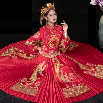 

Ancient Women Exquisite Qipao Phoenix Embroidery Cheongsam Oriental Floral Wedding Pleated Dress Suit Traditional Noble Vestidos