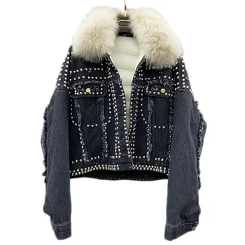 

2020 New Winter Thick Denm Short Jacket Women Real Rabbit Fur Collar Loose Rivet Duck Down Coat Female Student Jackets NS2240