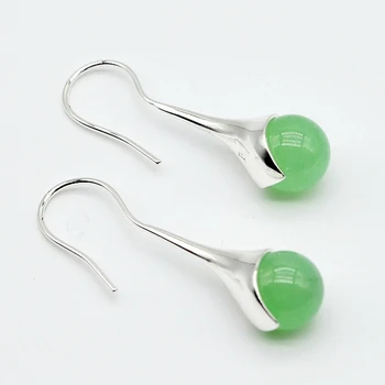 

Ladies silver earrings, green jade round beads, 925 sterling silver, jade earrings, long earrings
