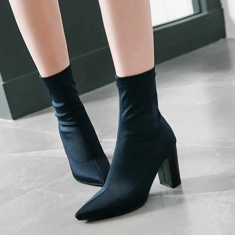 

Stretch Sock Ankle Boots Women Pointed Toe High Heels Boots Autumn Winter Block Heel ladies Boots 2019 Wine Blue Black Boots