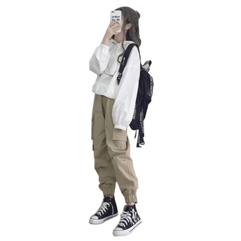 Women's Two-Piece Suit 2021 Korean Style Loose Clothes Sweater Hooded Top Multi-Pocket Cargo Pants Women's Drawstring Sweatpants