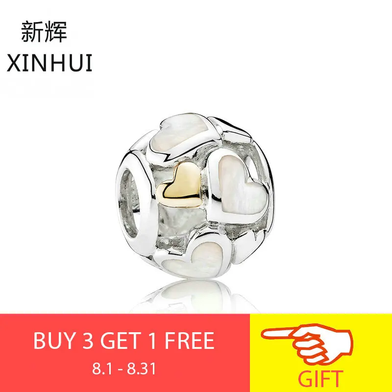 

XINHUI Fashion 925 Sterling Silver Bright Heart Shell Love Heart 14K Gold Charm Beads Fit Original Charms Bracelet DIY Jewelry