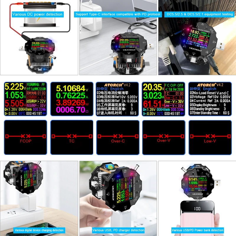 Color APP battery tester electronic load 18650 capacity monitor indicator discharge charge usb meter DC 12v power supply checker 6