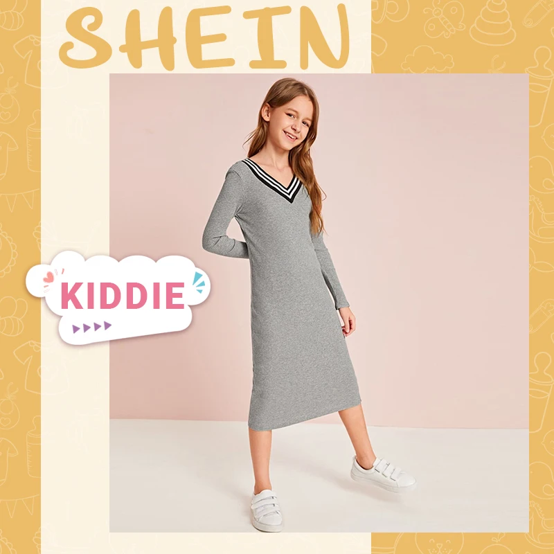 SHEIN Kiddie/серое платье в полоску с v-образным вырезом для девочек; трикотажное облегающее платье в рубчик; Детская осенняя одежда с длинными рукавами для активного отдыха; повседневные платья-карандаш