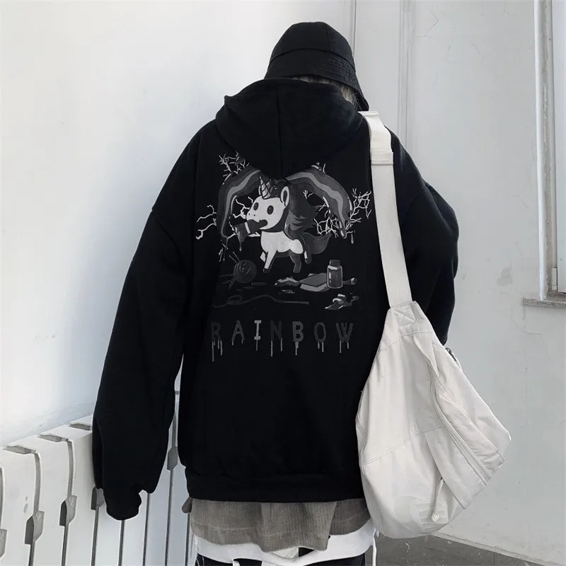 Lychee Harajuku повседневные свободные женские флисовые толстовки с капюшоном с изображением радуги и единорога Женские флисовые толстовки с капюшоном осенне-зимние женские топы