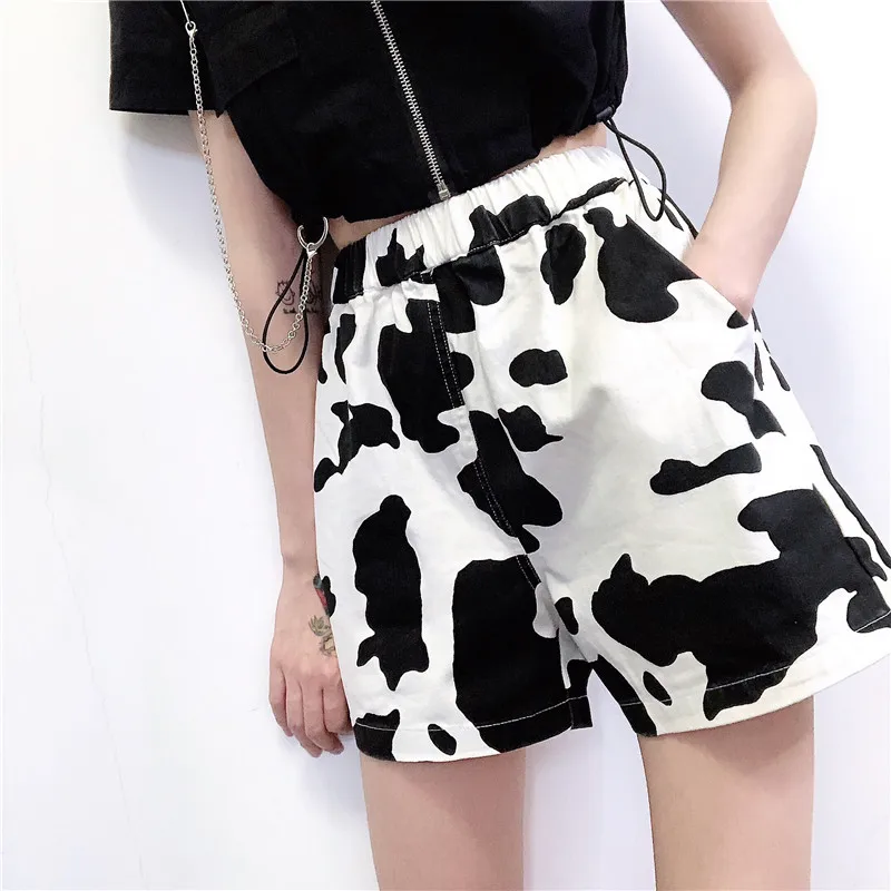 GOTH GIRL Streetwear Punk Shorts Female Harajuku Retro Black White Cow Print High Waist Loose Straight Short Women Fashion