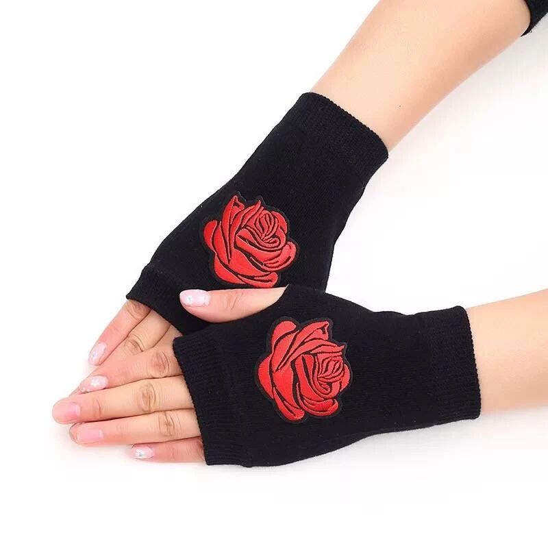 Red Rose Мусульманские черные перчатки женские Короткие наручные перчатки без пальцев с вышивкой розы Защитные женские аксессуары - Цвет: Red Rose