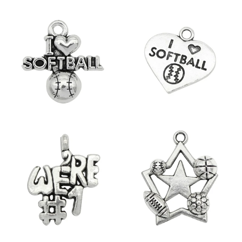 50150pcs Antique Silver I Love Heart Softball Charms Pendantcharm pendanti love softball