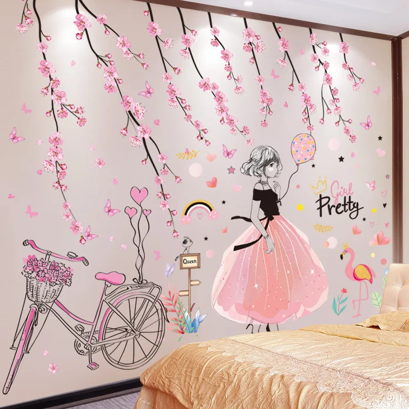 

[SHIJUEHEZI] Cartoon Girl Wall Stickers for Kids Rooms Baby Bedroom Nursery Decoration DIY Peach Flowers Bicycle Wall Decals