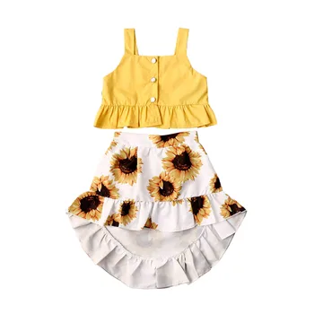 

AA 2Pcs Baby Girl Clothes Button Crop Tops Sunflower Print Ruffle Skirt Clothes Summer Girls Outfits Sunsuit