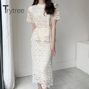 

Trytree 2020 Summer Women Two Piece Set Casual O-neck Hollow Out Gift Belt Tops + Skirt Slim fit Fashion 2 Color Set 2 Piece Set
