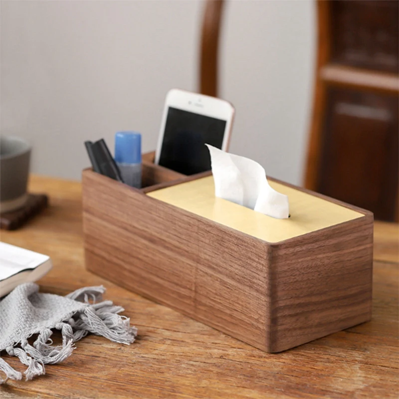 

Black Walnut Wood Napkin Box Brass Cover Tray Tissue Box Retro Classic Multi-Function Storage Box Home Decor High-End
