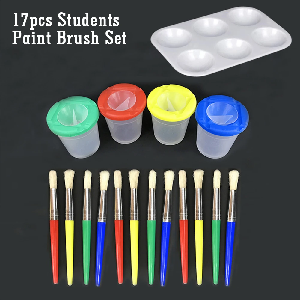 

17pcs DIY With Cup Rectangular Palette Early Education Art Craft For Kids Wooden Handle Students Watercolor Painting Brush Set