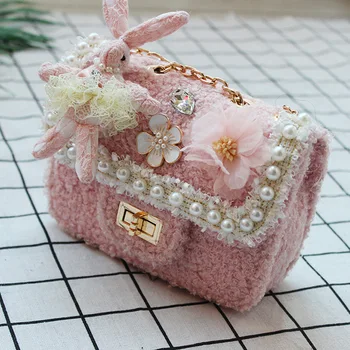

Korean Children Mini Handbag Lamb Princess Pearl Crossbody Bag for Kid Girls Flower Chain Accessories Messenger Bag Gift