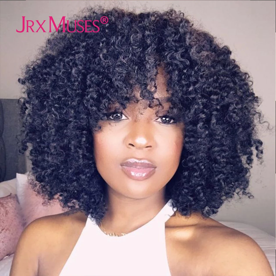 TRENDING! 200 Density Curly Wig With Bangs Human Hair Wigs Machine Made Fringe Short Bob Wig Thick Afro Kinky Curly Wigs For Black Women