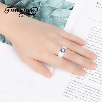 

New Smooth Modern Black White Ceramic Ring For Women Top Quality With Square Crystal Rhinestone Popular Anniversary Jewelry Gift