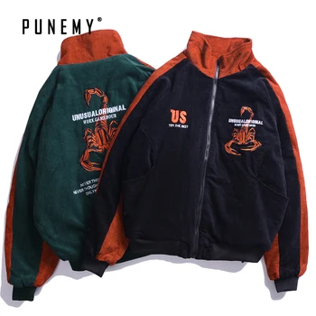 

Retro Men Corduroy Jackets Embroidery Scorpion Patchwork Hip Hop Streetwear Oversize Cotton Stand Colloar Harajuku Man's Jackets