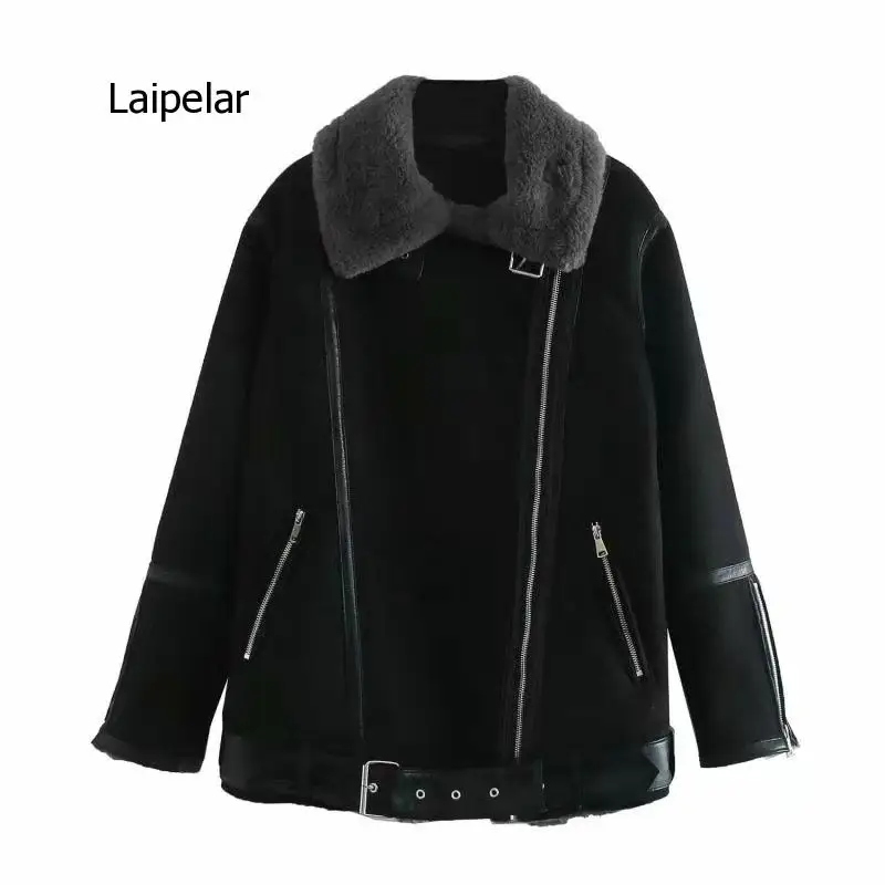 2021 New Winter Thick Warm Suede Biker Jackets Coat Women Casual with Sashes Outerwear Female Chic Oversize Overcoats