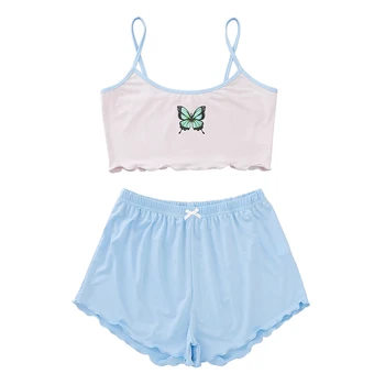 

Women Pijamas Set Sleeveless Crop Top and Shorts Two Piece Set Butterfly Light Blue Summer Girls Pajamas
