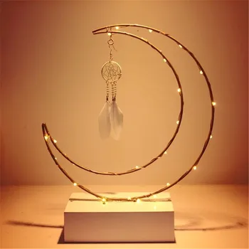 

Scandinavian Catch Dream Net Night Light Chic Wooden Base Iron Moon Lamp Cozy Home Table Decor Lights Festival Adornment