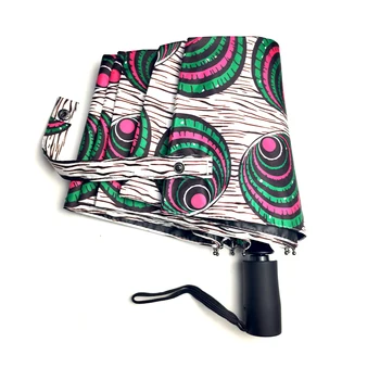 

African Women Windproof UV Ankara Print Umbrellas Three Folding Automatic Sun Umbrella with Black Coating for Business Paraguas