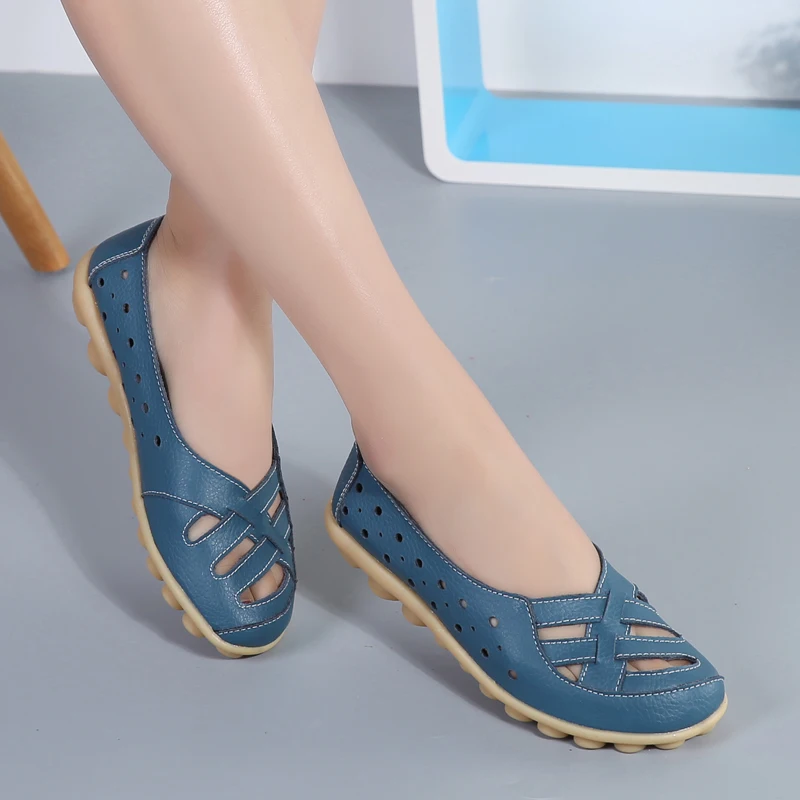 여름 여성 플랫 신발 캐주얼 신발 가죽 슬립 온 로퍼 숙녀 미끄럼 방지 통풍 여성용 모카신 Zapatos Mujer