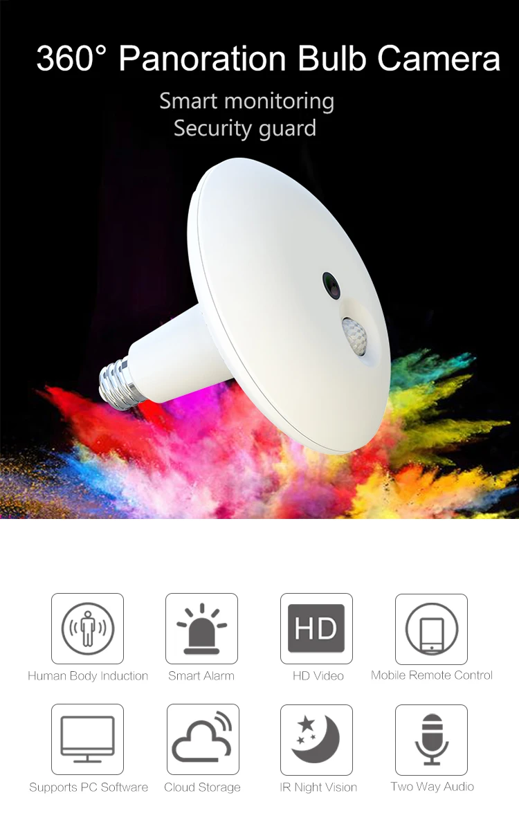 1.3MP 3.0MP Panoramic Wifi Camera 360 Degree Mini Small Size 3D Vision Home Security Smart Bulb Wifi IP Camera 10 Meters IR