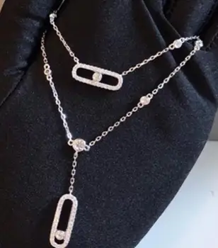 

famous brand 925 Sterling silver moving drill necklace Personality move cz crystal stone pendant fashion double chain necklace