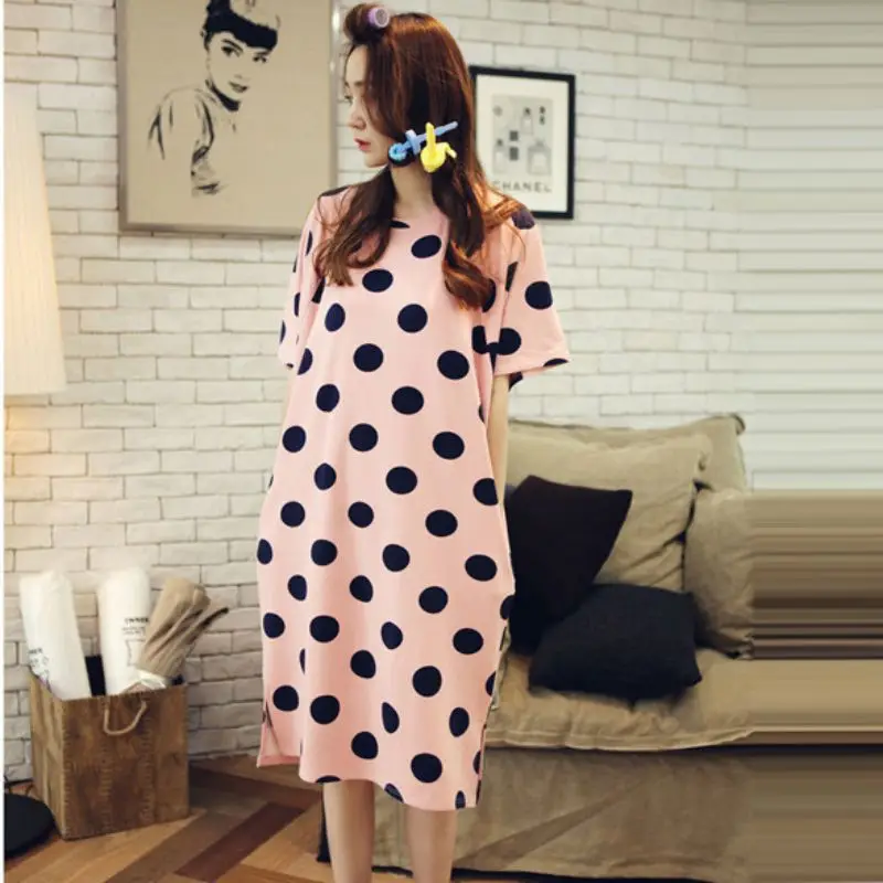 Summer Ladies Milk Silk Letter Dot Striped Print Loose Long Nightdress Home O Collar Short-sleeved Nightdress Rk