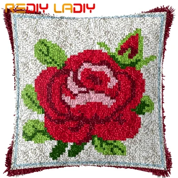 

Latch Hook Cushion Red Rose Flowers Pre-Printed Canvas Cushion Cover Acrylic Yarn Crochet Pillow Case Hobby & Crafts Home Decor