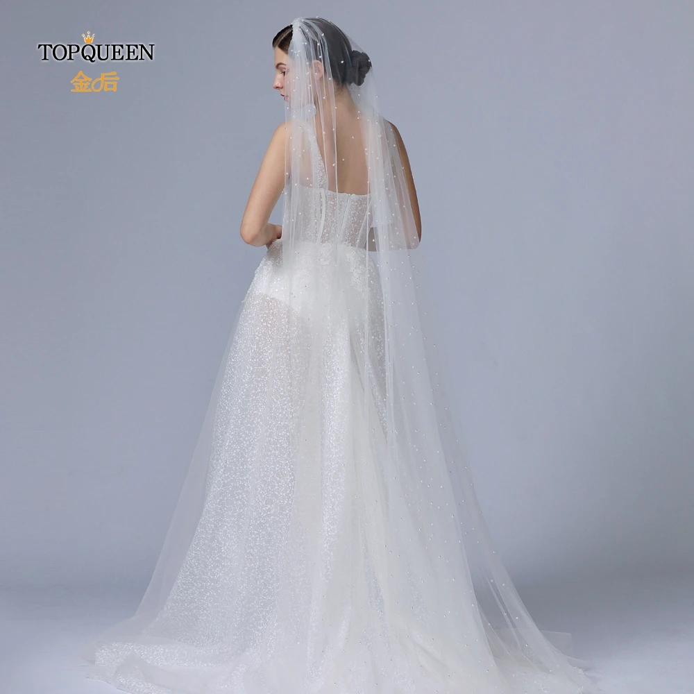 TOPQUEEN VP05 Соборные Свадебные вуали с жемчугом Church veil кружево высокое качество белый Длинная фата один слой платье-пачка