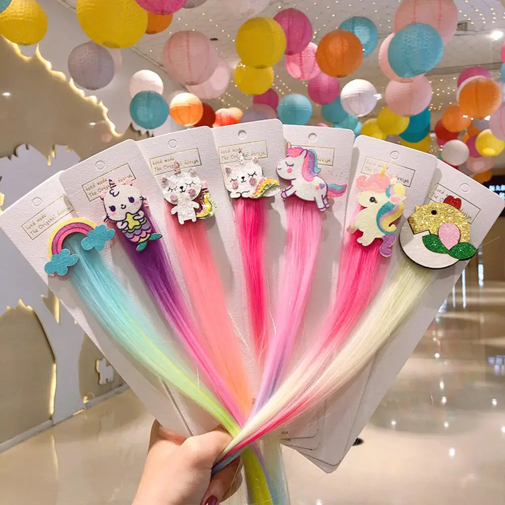 Children Cartoon Rainbow Wig Hair Pins Unicorn Clips Girls Cute Rabbit Cat Animals Accessories |