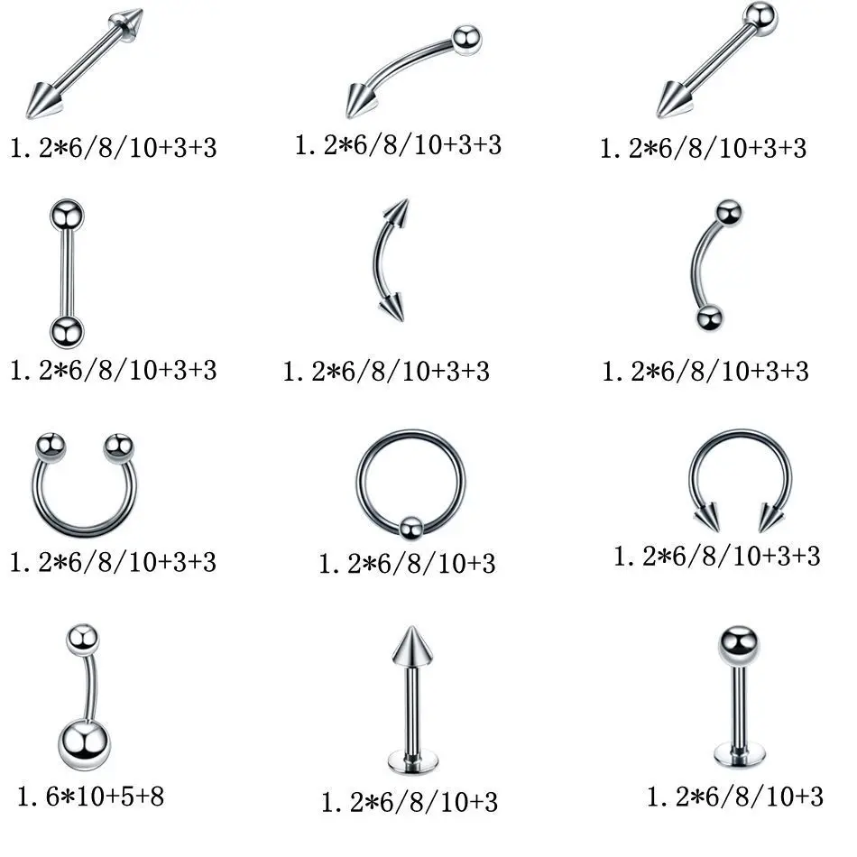 Piercing Jewelry 8/60PCS Stainless Steel Tongue Belly Piercing Lot Nose Eyebrow Piercing Bulk Nipple Labret Tragus Kit Captive Bead Ring