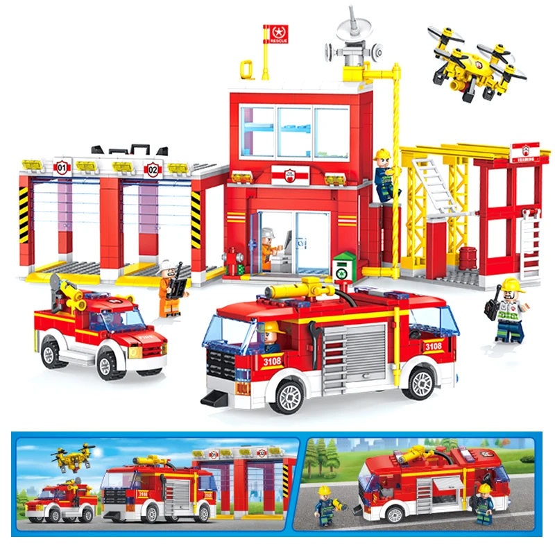 5 Styles Fire Fighting Trucks Car Helicopter Boat Building Blocks Compatible Legoingly City Firefighter Bricks Children Diy Toys