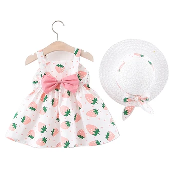 

Baby Girls Summer Dress Kids Clothes Girls Party Princess Dress Cartoon Print Bow Sleeveless Beach Dress Cute Soft Send Hat