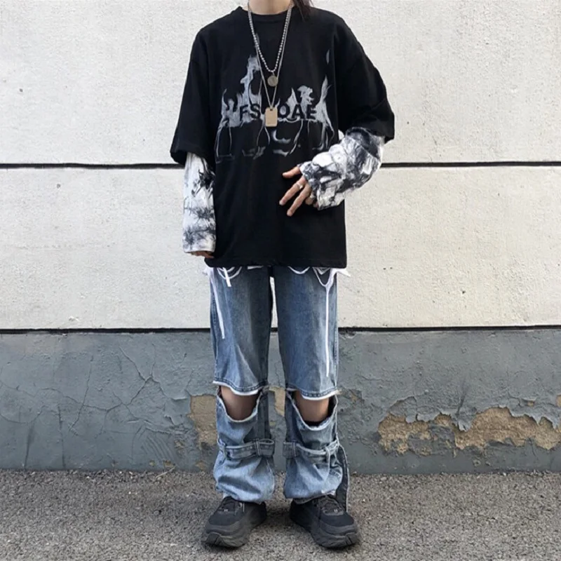 Ulzzang, корейская мода, Харадзюку, уличная одежда, хип-хоп, с буквенным принтом, tie-dye, осенняя, BF, свободная, имитация двух, с длинным рукавом, Повседневная Женская толстовка