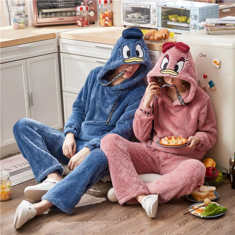 Рождественская пара пижам, зимняя одежда для сна для женщин, теплая плотная Пижама унисекс, комплект с капюшоном, милая мультяшная Женская домашняя одежда - Цвет: Duck