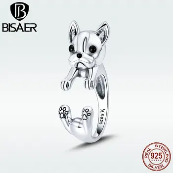 

BISAER Silver Rings 925 Sterling Silver Pet French Bulldog Open Finger Ring for Women Silver Ring Fashion Jewelry GXR411