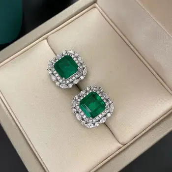 

2020 new Women vintage Synthetic gemstone Emerald zircon stone real 925 sterling silver stud earrings wedding party jewelry