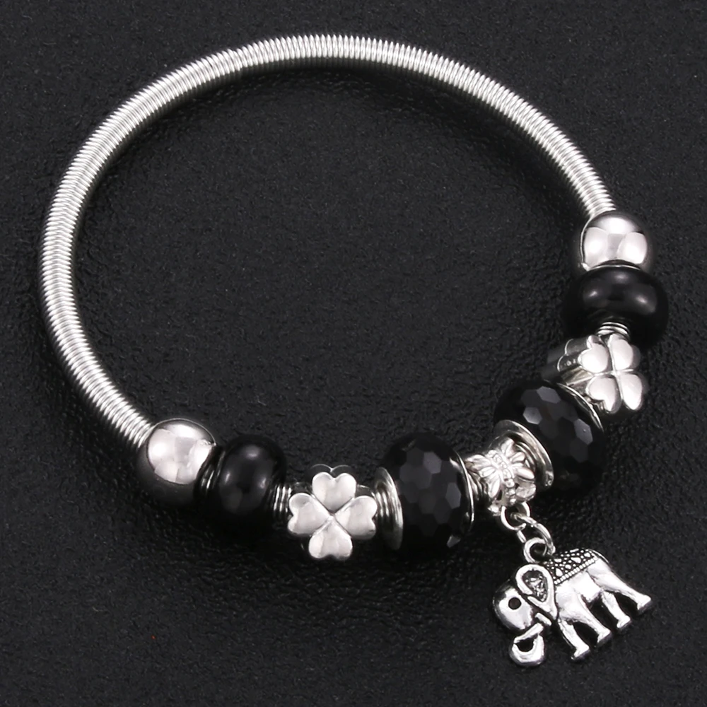 Trendy Elastic metal beading Antique Original Heart Charm Bracelets For Women Glass Beads Brand Bracelet Bangle Jewelry Gift