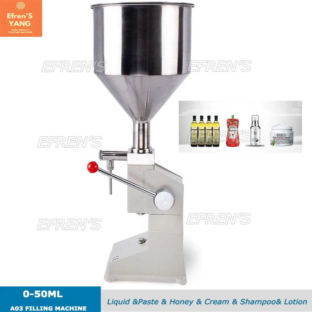 

Manual Paste Cream Honey Filling Machine Hand Pressure Bottle Liquid Packaging Equipment 1-50MLStainless Steel Body 10L Hopper
