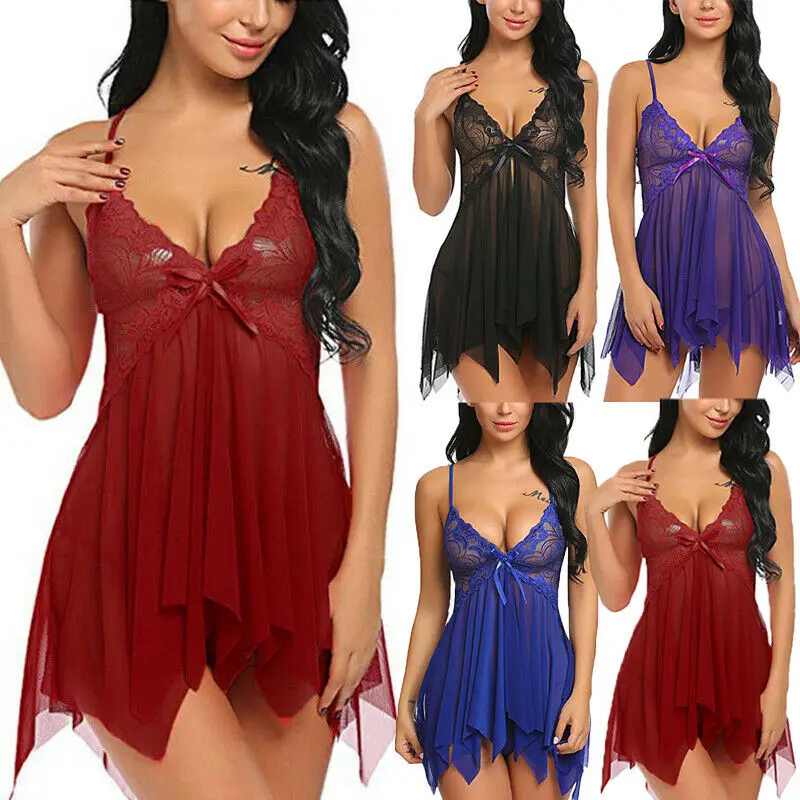 

Sexy Women Lingerie Lace Night Dress Babydoll Women Underwear Nightwear Sleepwear with G-String Short Sleep Dress S-3XL